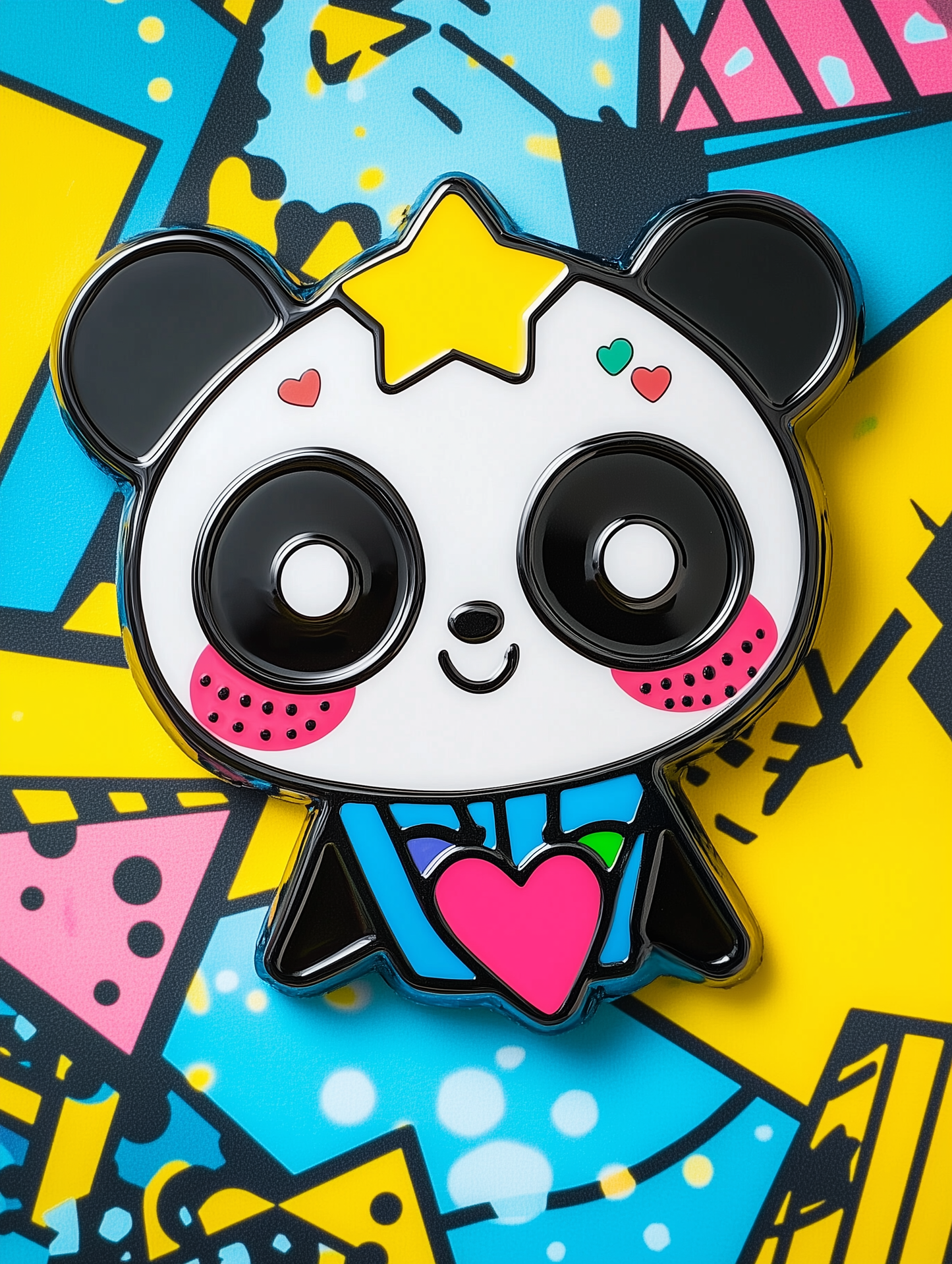 A Q-version NeoPanda pin badge in black and white with red, yellow, and blue pop art patterns, designed by Kai Sato in collaboration with Conify. Displayed on a reflective surface with a pastel geometric pop art background in blue and pink tones, showcasing its superflat aesthetic.