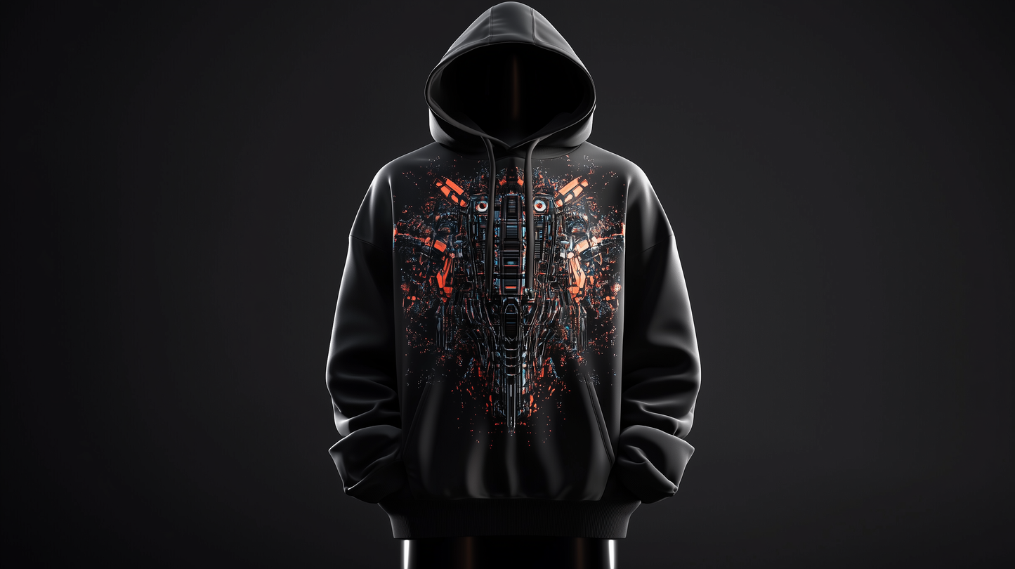 A black oversize hoodie with a cyberpunk mechanical matrix print in black, orange, and blue, designed by Mia Lin in collaboration with Conify. Displayed on a mannequin in a dark studio with dramatic lighting.