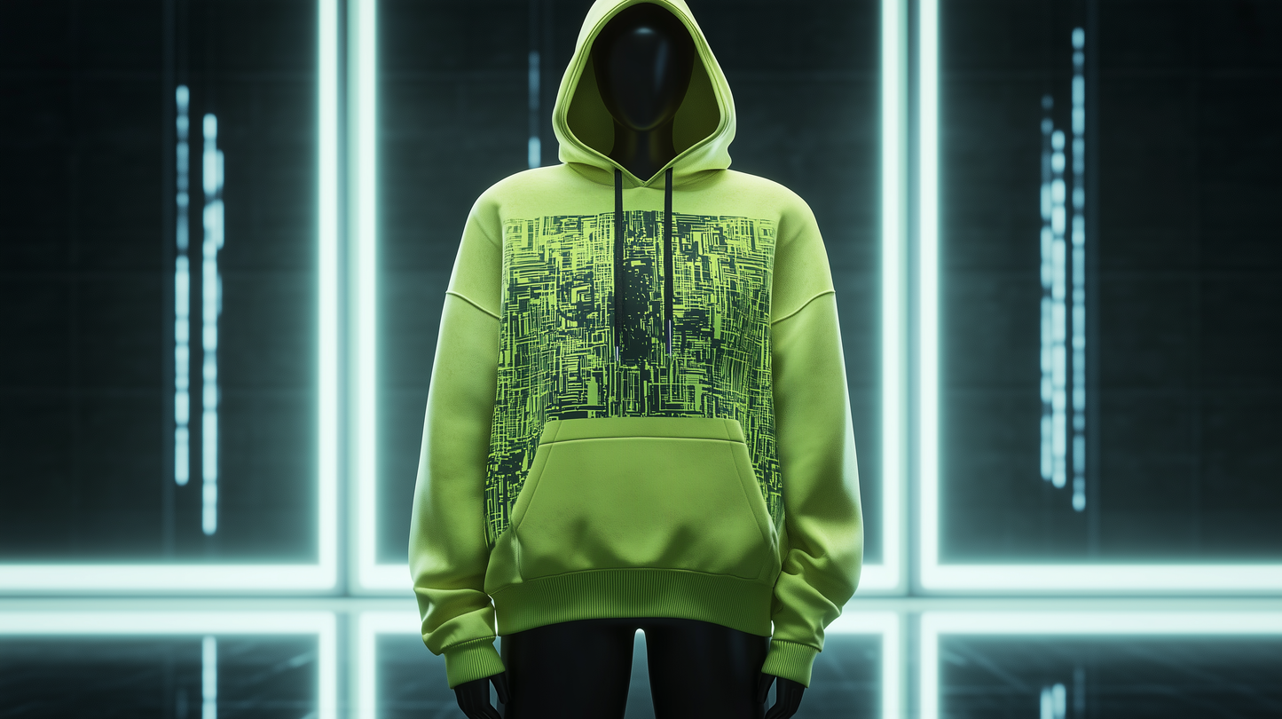 A neon green oversize hoodie with a cyberpunk mechanical girl print in black and white, designed by Mia Lin in collaboration with Conify. Displayed on a mannequin in a futuristic studio with dark background and neon lighting.