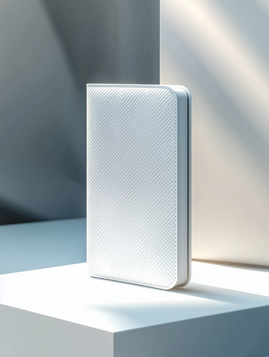 A pearl white hard-shell notebook with geometric diamond patterns, designed by Chloe Wei in collaboration with Conify. Displayed on a white pedestal with a soft blue gradient background, showcasing its minimalist high-fashion aesthetic.