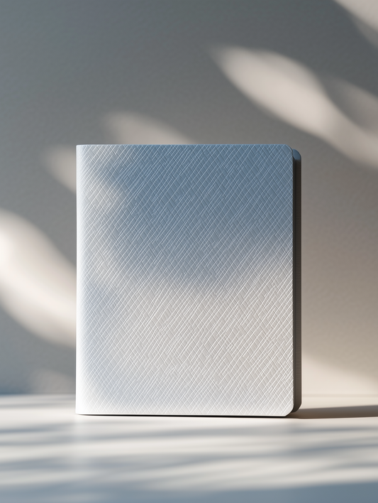 A pearl white hard-shell notebook with geometric diamond patterns and a soft glow finish, designed by Chloe Wei in collaboration with Conify. Displayed on a white pedestal with a minimalist background and soft light shadows, showcasing its high-fashion aesthetic.