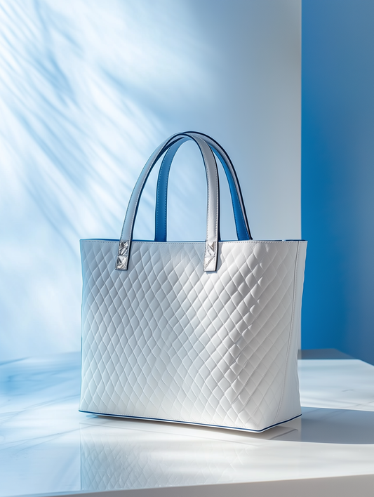 A pearl white structured tote bag with geometric diamond patterns and a luxe finish, designed by Chloe Wei in collaboration with Conify. Displayed on a reflective surface with a soft blue gradient background, showcasing its minimalist high-fashion aesthetic.