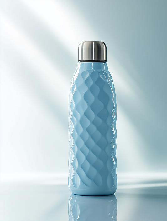 An icy blue stainless steel water bottle with geometric diamond patterns, designed by Chloe Wei in collaboration with Conify. Displayed on a reflective surface with a soft blue gradient background, showcasing its minimalist high-fashion aesthetic.