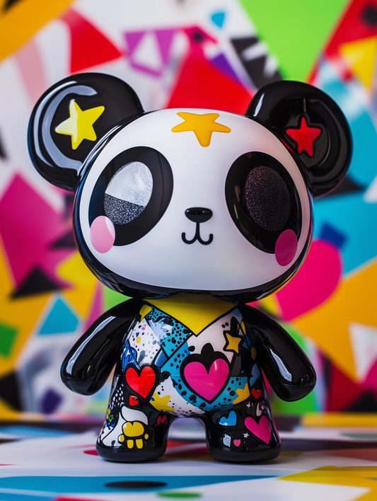 A Q-version NeoPanda art toy in black and white with red, yellow, and blue pop art patterns, designed by Kai Sato in collaboration with Conify. Displayed on a reflective surface with a colorful pop art background, showcasing its superflat aesthetic.