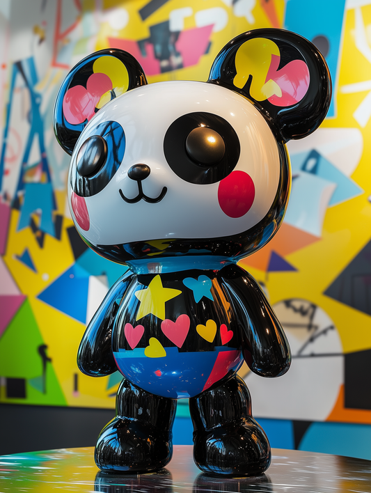 A Q-version NeoPanda art toy in black and white with red, yellow, and blue pop art patterns, designed by Kai Sato in collaboration with Conify. Displayed from a side profile on a reflective surface with a colorful pop art background, showcasing its superflat aesthetic.