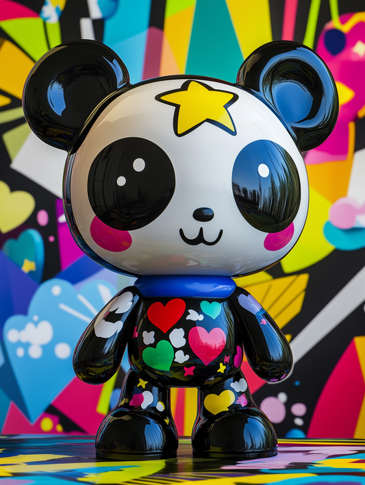 A Q-version NeoPanda art toy in black and white with vibrant red, yellow, and blue pop art patterns, designed by Kai Sato in collaboration with Confiy. Displayed on a reflective surface with a colorful pop art background, showcasing its superflat aesthetic.