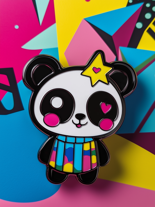 A Q-version NeoPanda pin badge in black and white with red, yellow, and blue pop art patterns, designed by Kai Sato in collaboration with Conify. Displayed on a reflective surface with a colorful geometric pop art background, showcasing its superflat aesthetic.