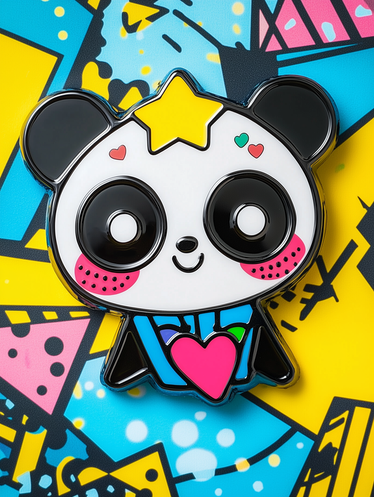 A Q-version NeoPanda pin badge in black and white with red, yellow, and blue pop art patterns, designed by Kai Sato in collaboration with Conify. Displayed on a reflective surface with a pastel geometric pop art background in blue and pink tones, showcasing its superflat aesthetic.