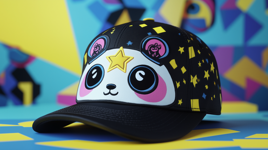 A black baseball cap with a Q-version NeoPanda print and yellow star patterns, designed by Kai Sato in collaboration with Conify. Displayed on a reflective surface with a colorful pop art background, showcasing its superflat aesthetic.