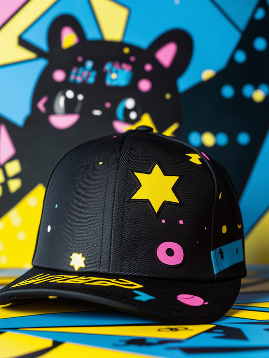 A black baseball cap with yellow star patterns and a large Q-version NeoPanda backdrop, designed by Kai Sato in collaboration with Conify. Displayed on a reflective surface with a colorful pop art background, showcasing its superflat aesthetic.