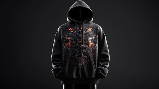 A black oversize hoodie with a cyberpunk mechanical matrix print in black, orange, and blue, designed by Mia Lin in collaboration with Conify. Displayed on a mannequin in a dark studio with dramatic lighting.