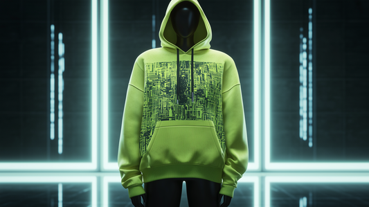 A neon green oversize hoodie with a cyberpunk mechanical girl print in black and white, designed by Mia Lin in collaboration with Conify. Displayed on a mannequin in a futuristic studio with dark background and neon lighting.