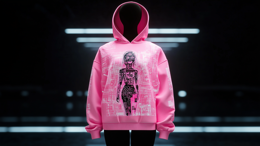 A neon pink oversize hoodie with a cyberpunk mechanical girl print in black and white, designed by Mia Lin in collaboration with Conify. Displayed on a mannequin in a futuristic studio with dark background and neon lighting.