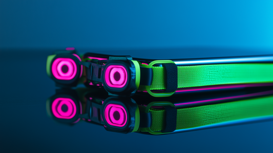 A neon green phone strap with pink circular accents, designed by Mia Lin in collaboration with Conify. Displayed on a reflective surface with a blue gradient background, showcasing its cyberpunk aesthetic.