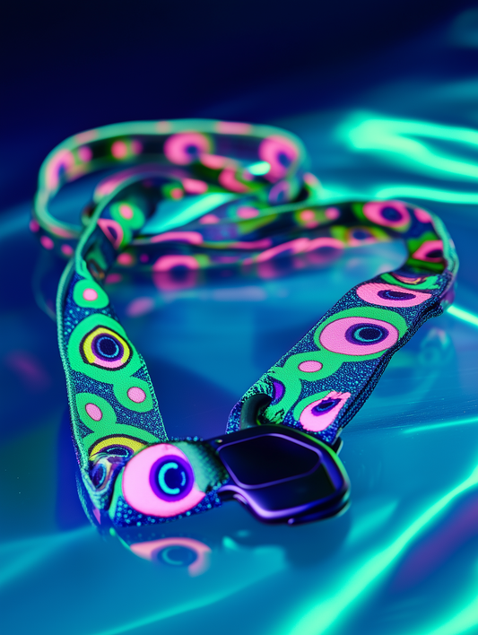 A dark blue phone strap with neon green and pink pixel circle patterns, designed by Mia Lin in collaboration with Conify. Displayed on a reflective surface with a blue gradient background, showcasing its cyberpunk aesthetic.