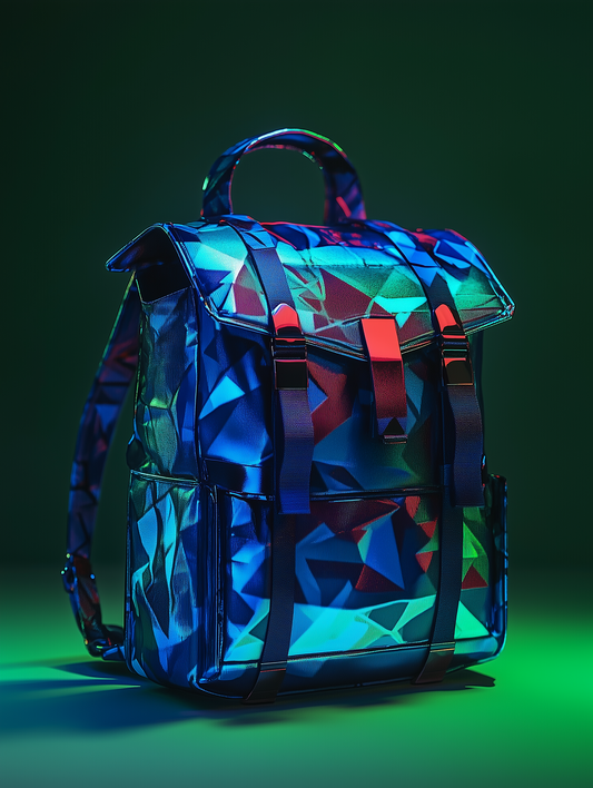 A reflective backpack with geometric patterns in icy blue, neon green, and pink, designed by Mia Lin in collaboration with Herschel. Displayed on a dark background with vibrant green and blue lighting, showcasing its futuristic cyberpunk aesthetic.