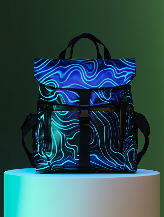 A deep black backpack with neon blue wave patterns, designed by Mia Lin in collaboration with Herschel. Displayed on a white pedestal with a dark green background, showcasing its futuristic cyberpunk aesthetic.